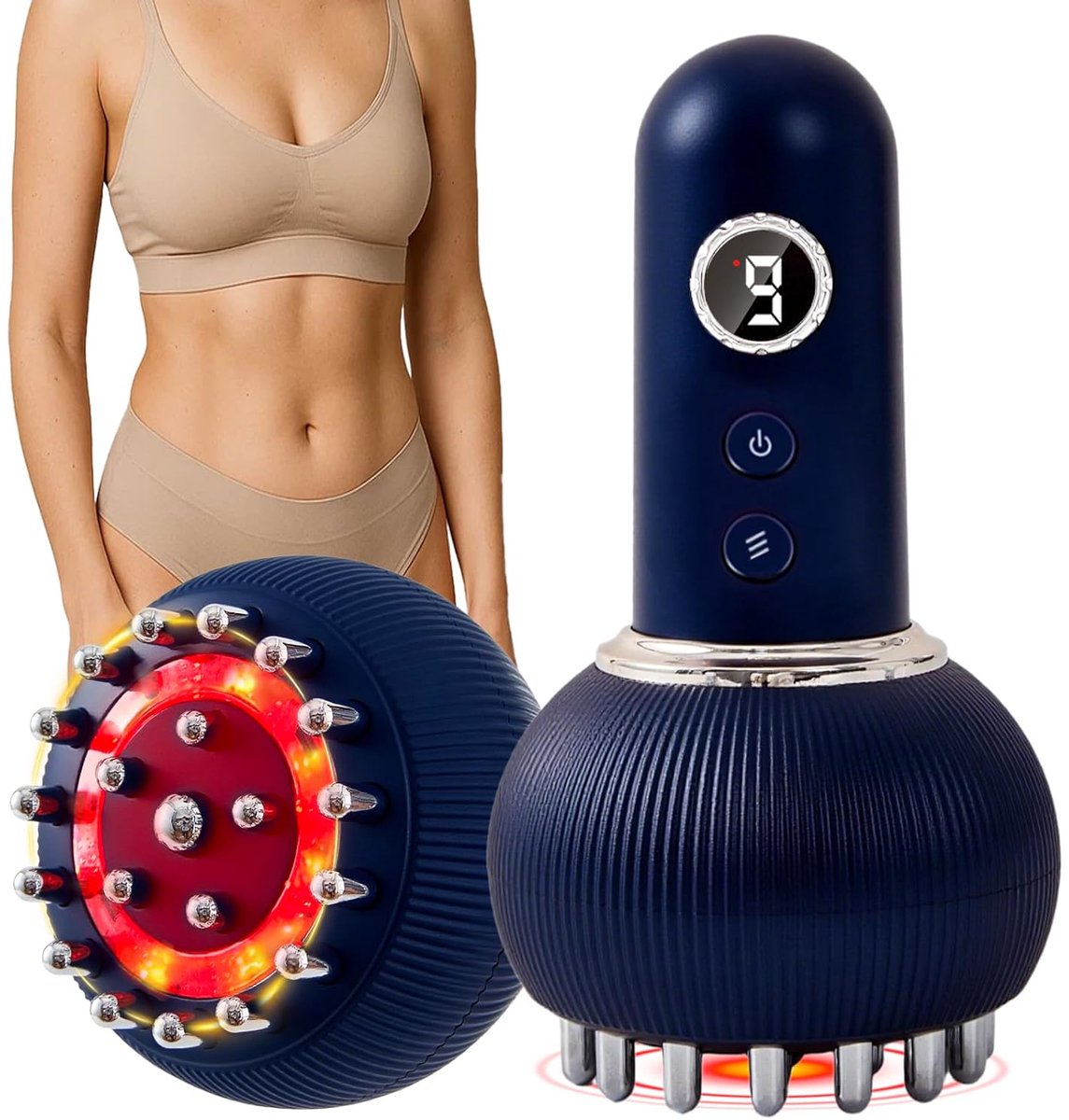 Massageapparaat voor lymfedrainage en anti-cellulitis, helpt striae en cellulitis te verminderen, voor benen, armen en buik; apparaat voor lichaamsmodellering met microstroom, licht, warmte en vibratie.