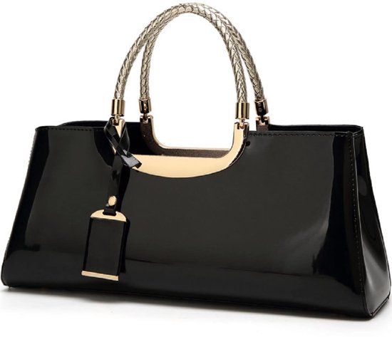 Sac à bandoulière structuré en cuir PU pour femmes - Pochette de soirée, pochette de fête - Sac avec poignée brillante - noir