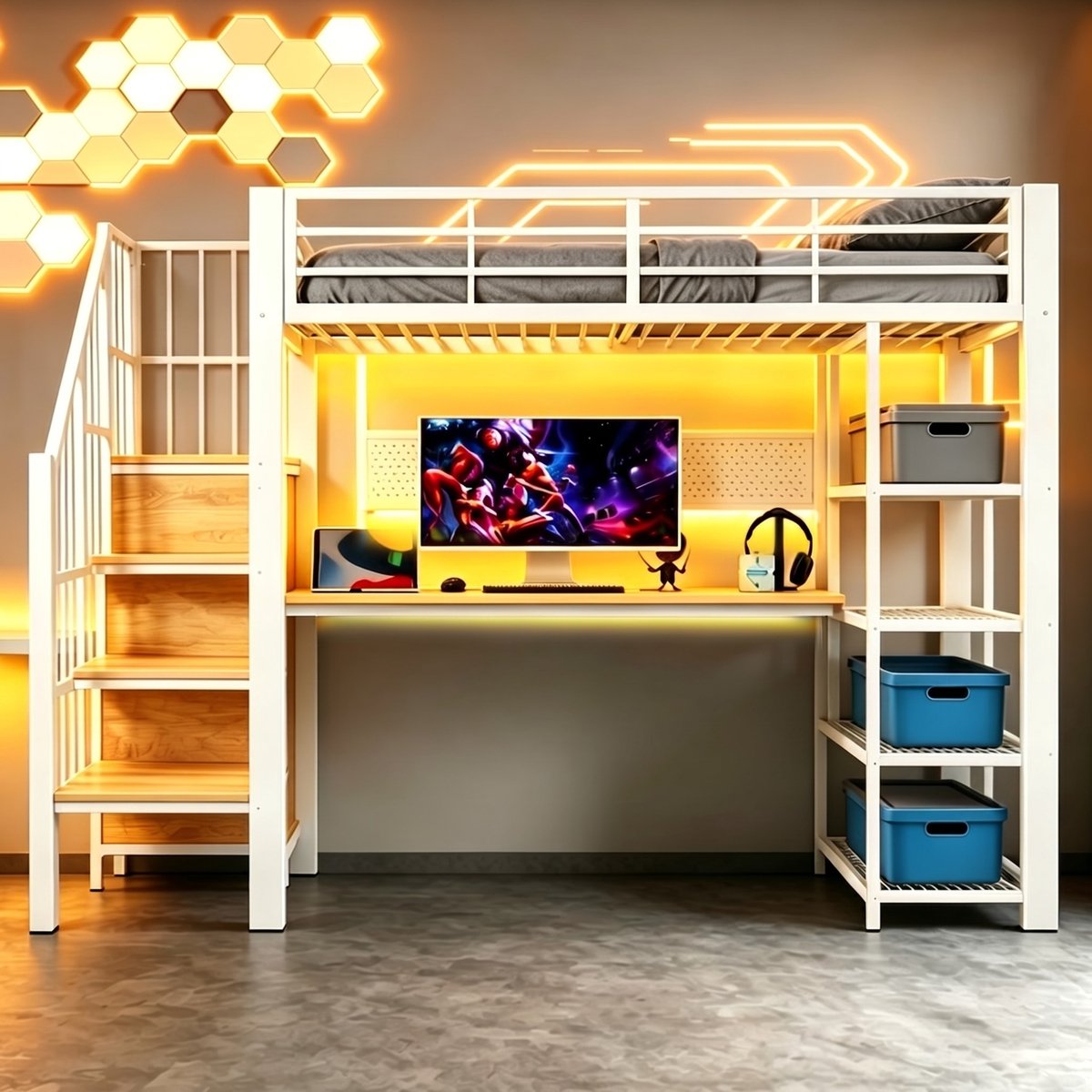 VVBV Hoogslaper 90x200 met Bureau – Opbergrekken, LED, Stopcontact en Veiligheidshek – Wit – Hoogslaper met Trap – Lades – Opbergruimte White