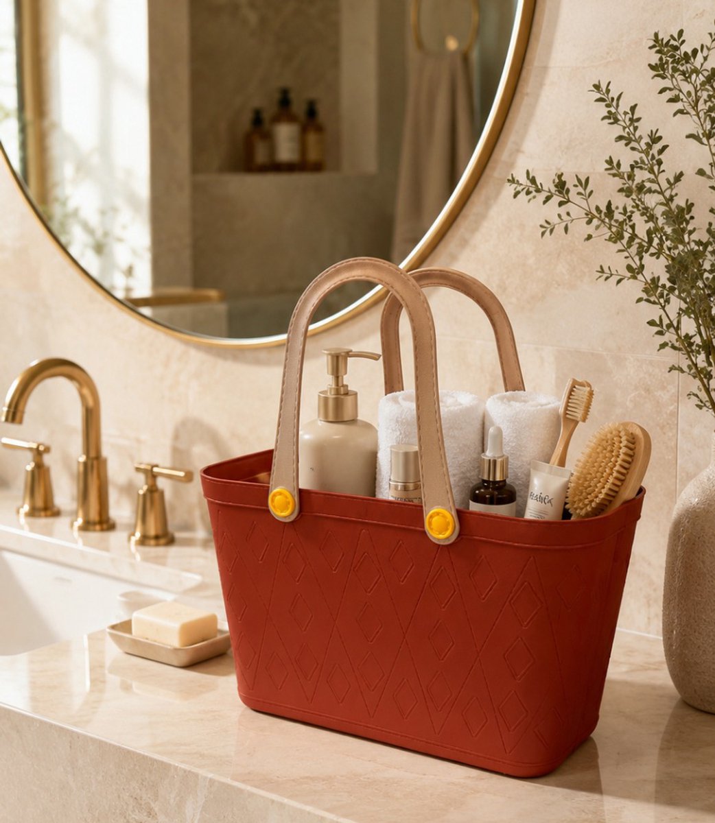 INDECOR Multifunctionele Plastic Mand – Opbergmand, Strand- & Picknickmand – Decoratief & Duurzaam - Terracotta