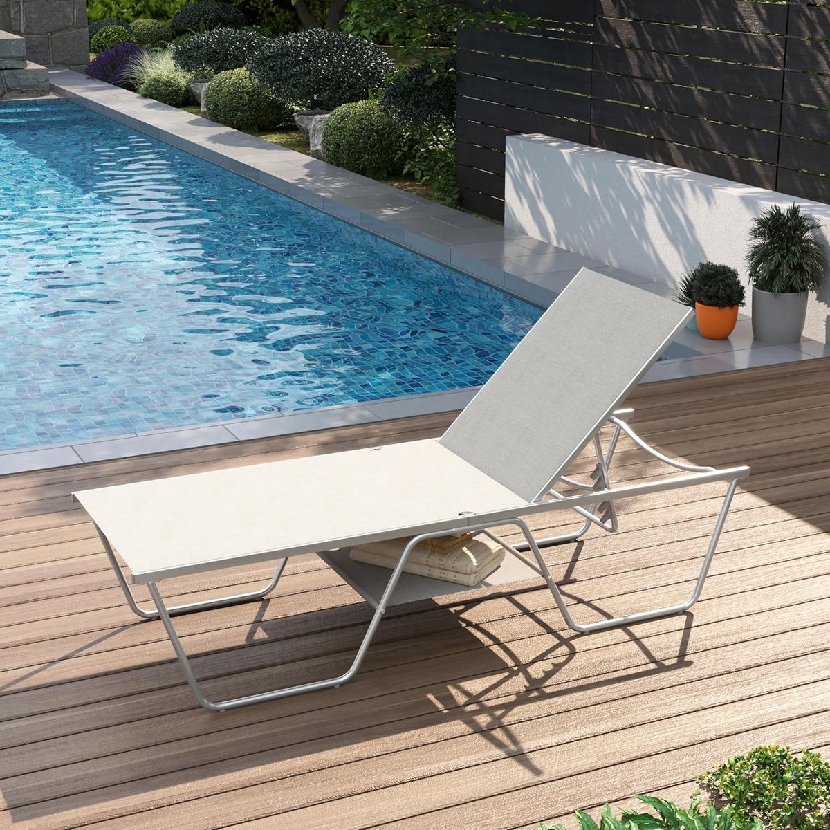 LIGSTOEL 198,5 x 69 x 45 cm – Verstelbaar Zonnebed met Opbergruimte, Weerbestendig, UV-Bestendig, Tuinligbed voor Tuin, Terras, Balkon en Zwembad – Mobili Bella