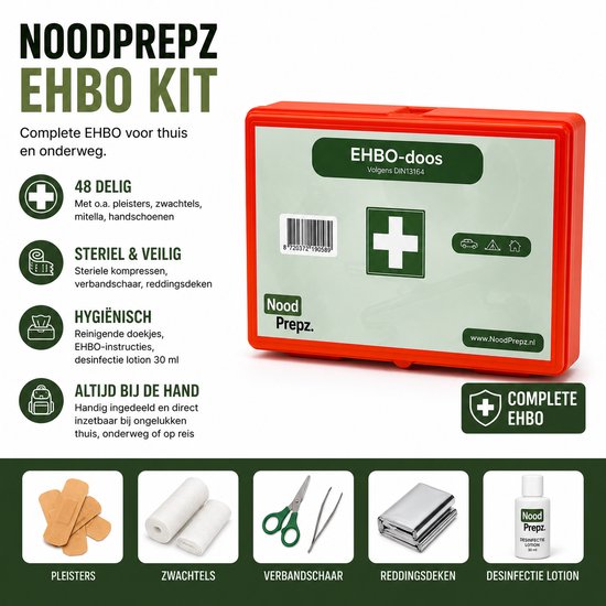 Oranje EHBO-kit met pleisters, zwachtels, verbandchaar en reddingsdeken. Hygiënisch en compact.