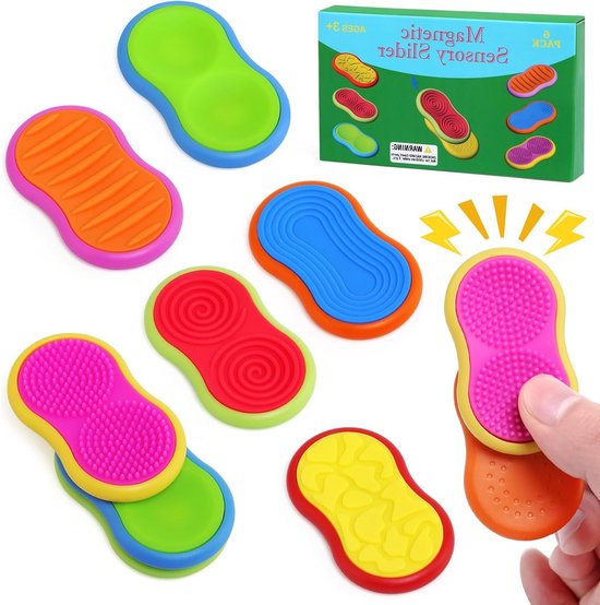 Zes magnetische sliders met verschillende texturen en kleuren: blauw, oranje, groen, roze, rood en geel