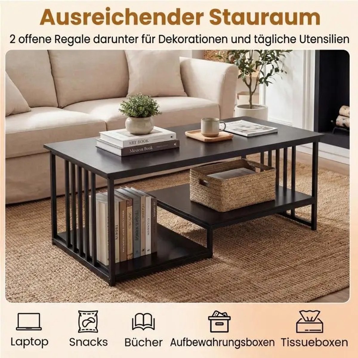 Dailygoods Rechthoekige salontafel met 2 planken en stevig metalen frame. Moderne accenttafel, zwart.