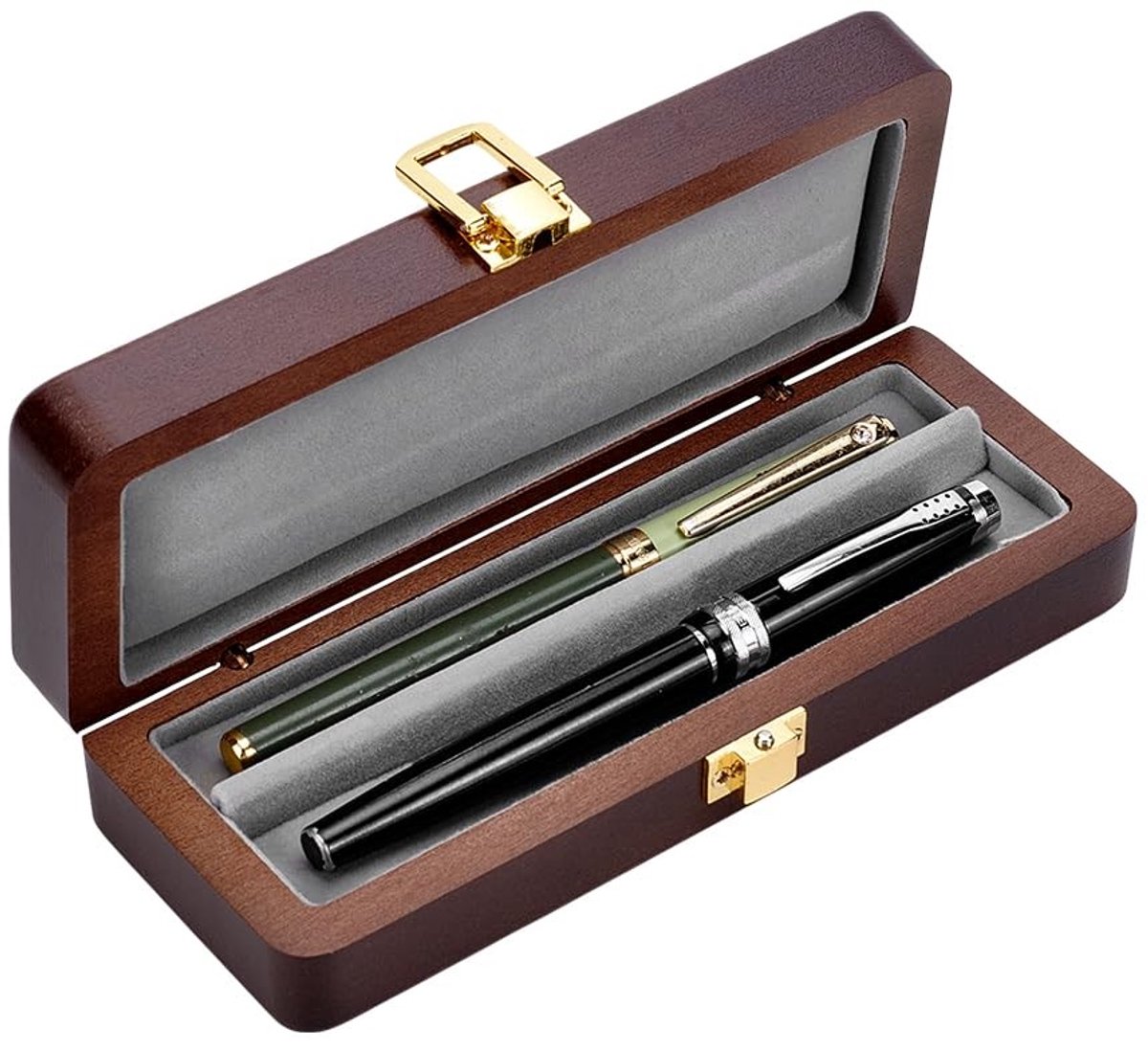 BRENZOOS- Vulpen Collector Organizer - Houten Penverpakkingsdoos - Legering Sluitingen - Fluweel Binnenkant - 2 Slots - Afmetingen 7,05x2,95 inch - Penhouder