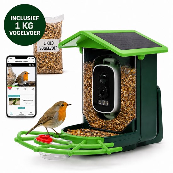 Vogelhuisje Met Camera - Vogelvoederhuisje - AI Vogelherkenning - HD Nachtzicht - Wifi - Camera - Zonnepaneel