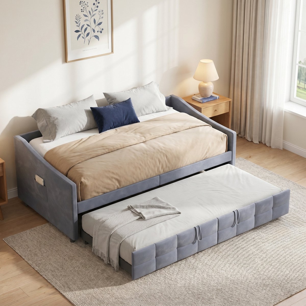 Bedbank - Uitschuifbed 2x 90x200 cm - Slaapbank met zijzakken - Daybed - Fluwelen bed - Gecapitonneerd - Grijs