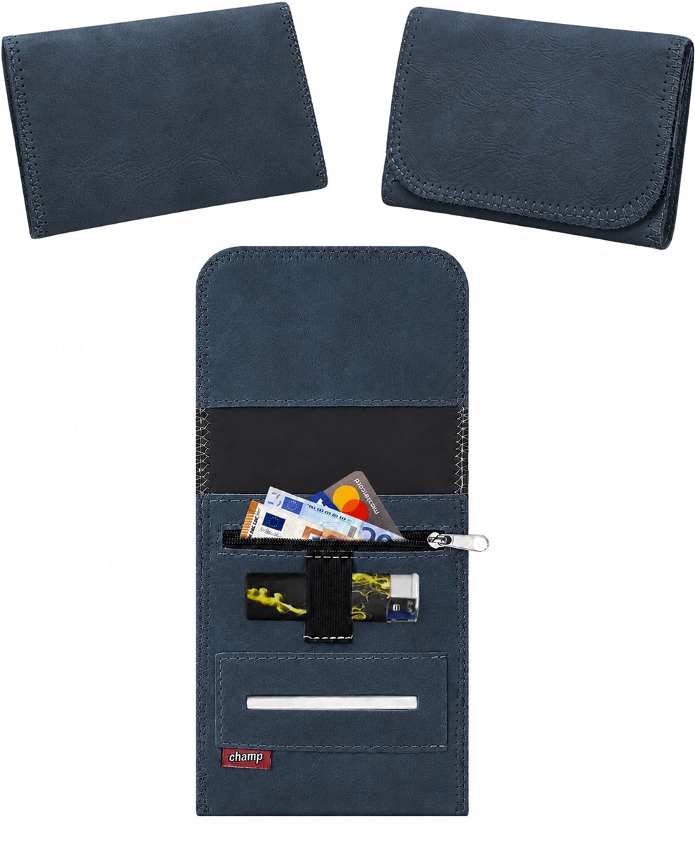 Champ Shag Etui - Tabak Etui - Kunstleer - 3 Vakken - Aanstekerhouder - Blauw