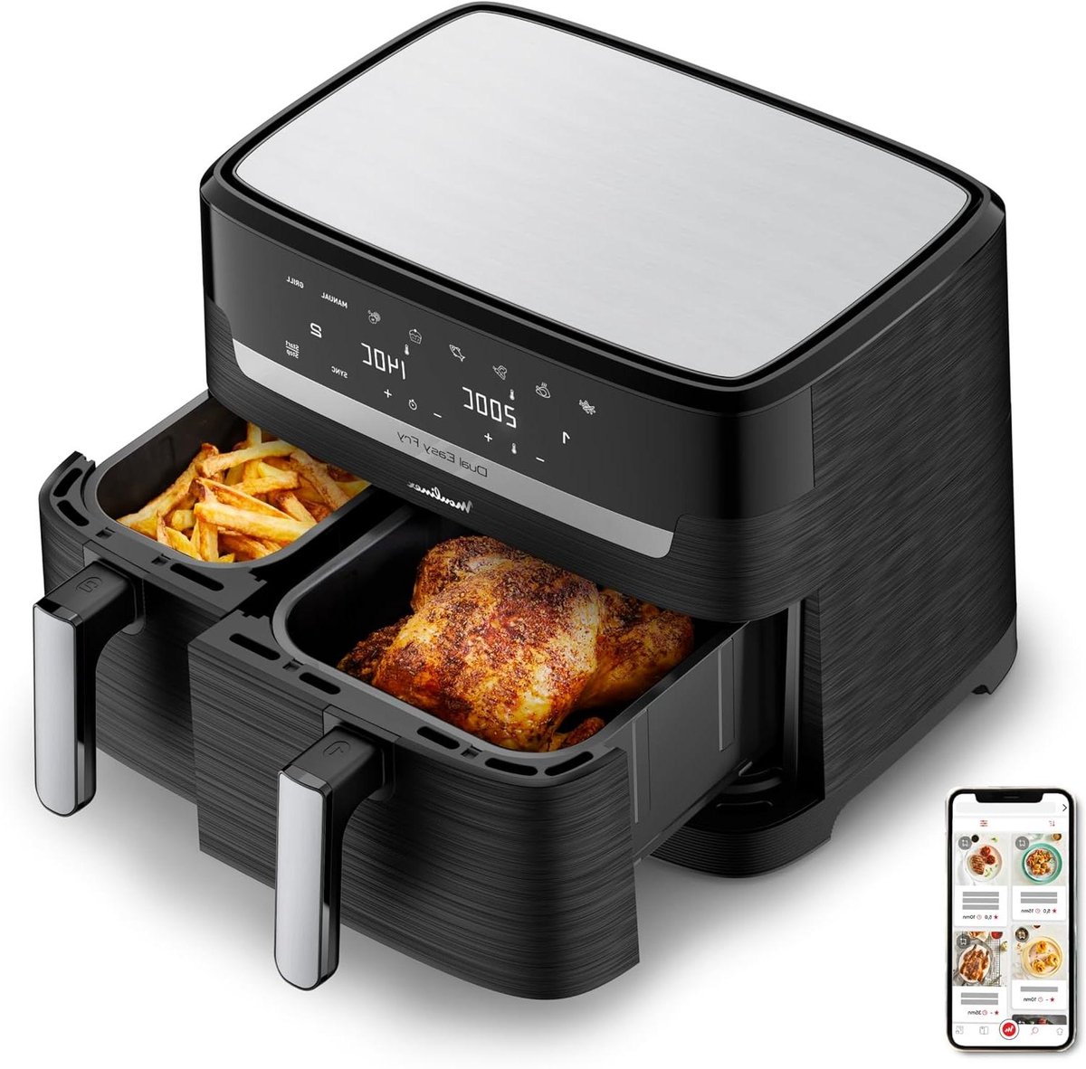 Heteluchtfriteuse Dubbel - Airfryer XXL - Complete Maaltijden - Twee Vakken Tegelijk - 83 Liter - Zwart