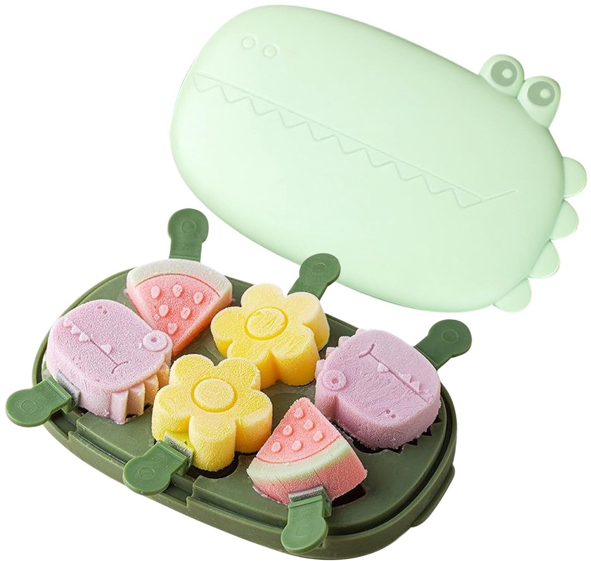 Dailygoods- IJsvormen met Deksel - Siliconen IJsblokjesvorm - 6 Uitsparingen - Herbruikbare Ijsstokjes - Dinosaurusvorm - Stofdicht en Geurvrij