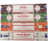 satya - wierook - opium - patchouli - sacred sandelwood - white musk - set van 4 doosjes