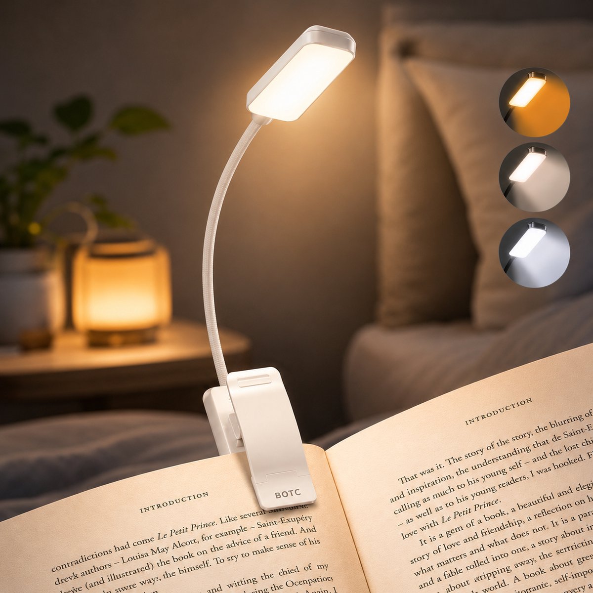 BOTC LED Leeslampje - 3 Lichtstanden & Oplaadbaar - Bed Nachtkastje Leeslamp - Boeklamp USB Oplaadbaar met Klem - Wit
