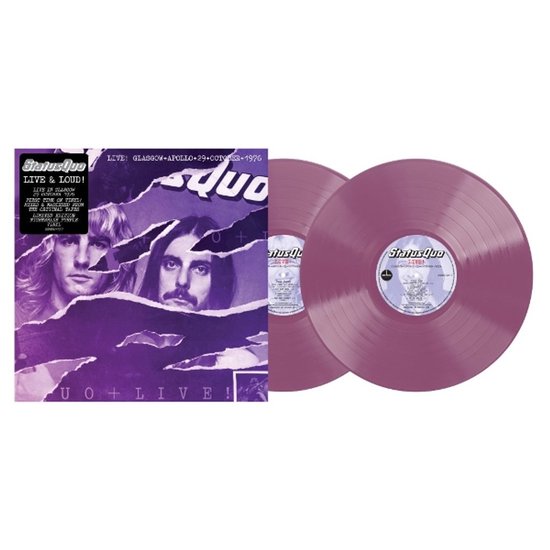 Status Quo 'Live & Loud!' albumhoes met twee lila vinylplaten. De hoes toont de bandleden en tekst.