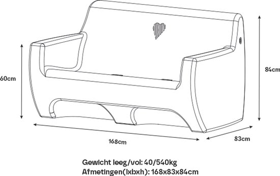 Schematische tekening van een grijze bank met afmetingen: 168x83x84cm, zithoogte 60cm, en een hartvormig logo.