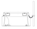 Schematische weergave van een gele regenwatertank met ingebouwde pomp en slang die op een paal is aangesloten.