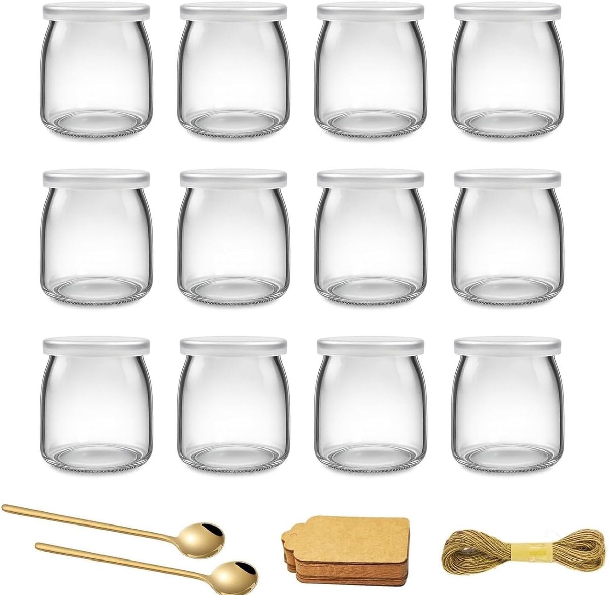 Yoghurtpotten met deksel - Dessertglazen set - Desserts bewaren - Inclusief labelkoord - 200 ml 12 stuks - Transparant