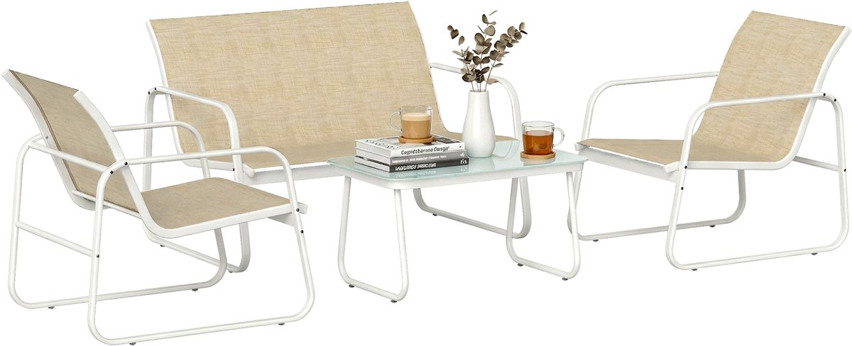 Outsunny tuinbankstel - Staal, gehard glas, textilene - 112 x 73 x 74 cm - Khaki