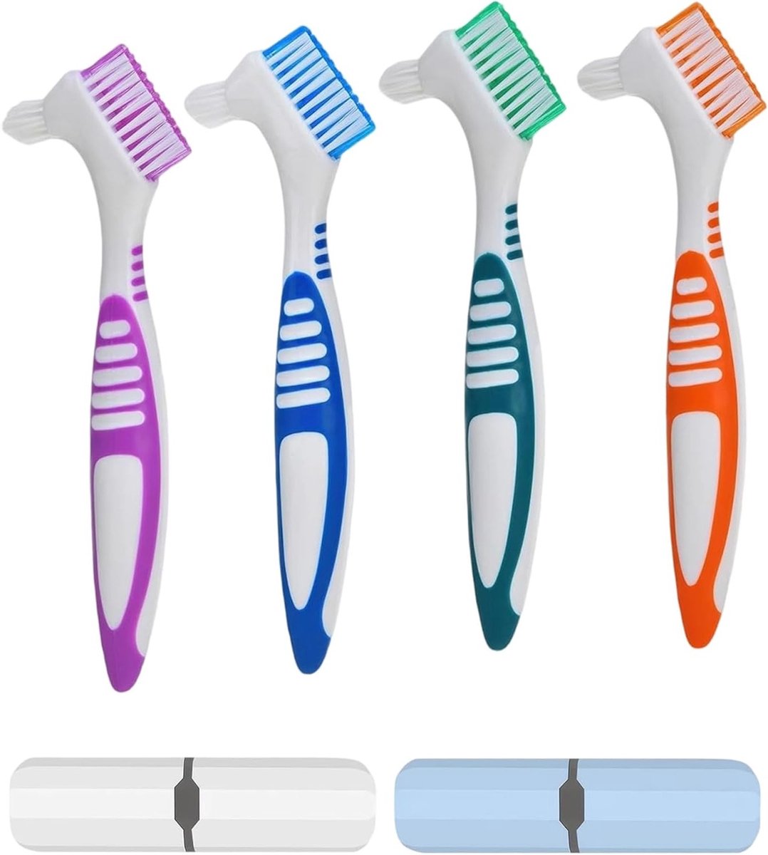 Set van 4 Tandenborstels voor Kunstgebitten, Dubbelzijdig, Precisiepunt, Ergonomisch Ontwerp voor Tandverzorging en Retainers