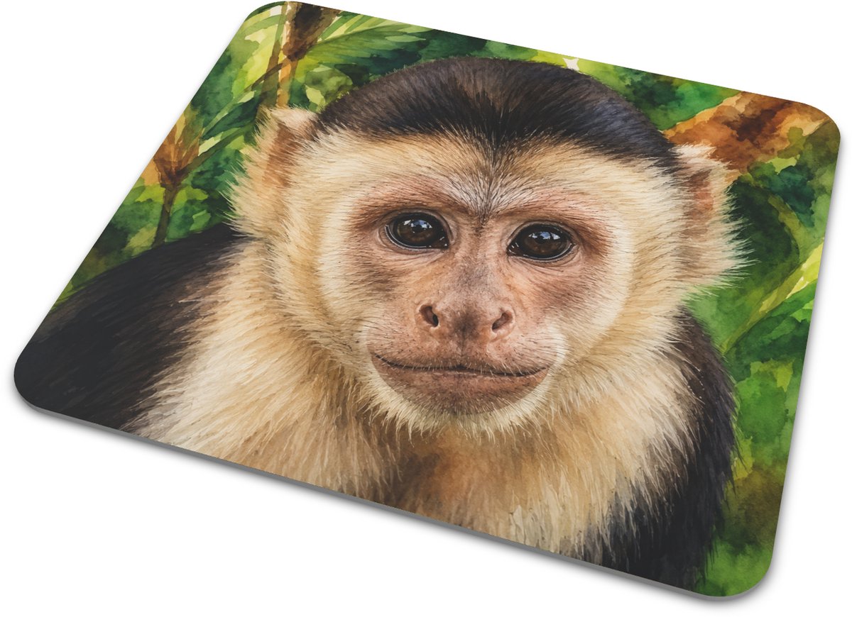 Muismat met Kapucijnaap - Premium Aquarel Dierenportret - Schattige Handgeschilderde Witschouderkapucijnaap Illustratie - Rechthoekige Bureau-onderlegger voor Thuiswerkplek en Kantoor