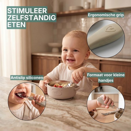 Broemba RVS Kinderbestek - Set van 4 stuks - 2x Baby Lepel & Baby Vork - 100% BPA-vrij Babybestek - Lepeltjes en Vorkjes - Beige / Roze Peuterbestek van Broemba — afbeelding 2