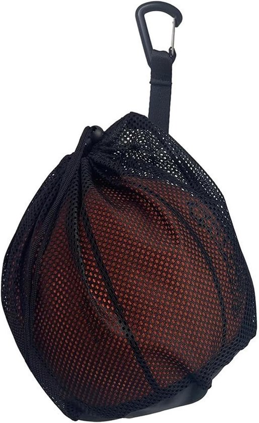 Filet à ballons noir en maille avec un ballon de basket à l'intérieur, avec fixation mousqueton.