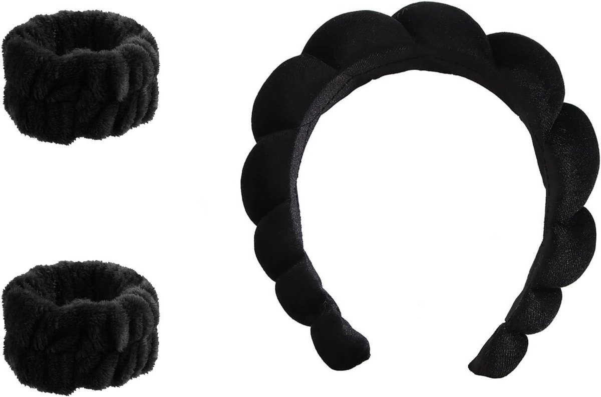 Set van Puffy Spa Hoofdband en Polsband voor Huidverzorging, Make-up Verwijderen en Gezichtsreiniging - Zachte Terry Towel Stof in Zwart
