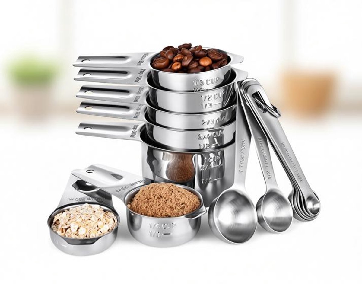 ElleMooi Roestvrijstalen Maatbekers en Maatlepels Set 15-delig, 7 Maatbekers met Breed Handvat, 7 Lepels met D-Ringen, Magnetische Conversietabel, Zilver