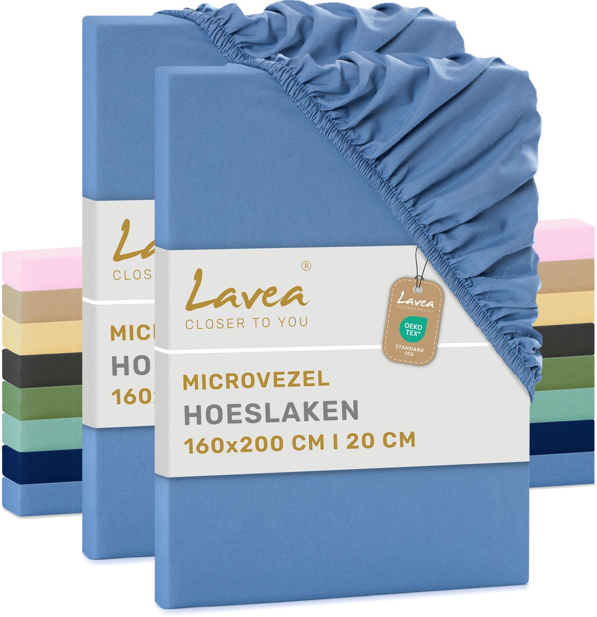 Lavea® Set van 2 Hoeslakens 160x200 cm – zachte en ademende microvezel – voor matrassen tot 20 cm – met elastiek rondom – oeko-tex gecertificeerd – Lichtblauw
