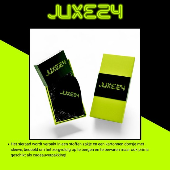 JUXE24 logo op zwarte en limegroene verpakking, met stoffen zakje en doosje.