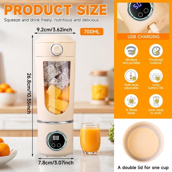 Draagbare Blender - Mixer To Go - Verse Drankjes Maken - 12 Krachtige Bladen - 700 ml - Beige — afbeelding 2
