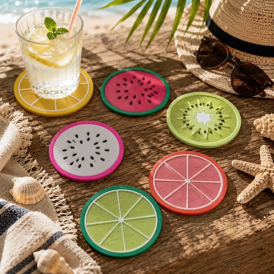 Set de 6 sous-verres fruités : kiwi, pastèque, citron, lime et fruit du dragon sur une table en bois au bord de la mer.