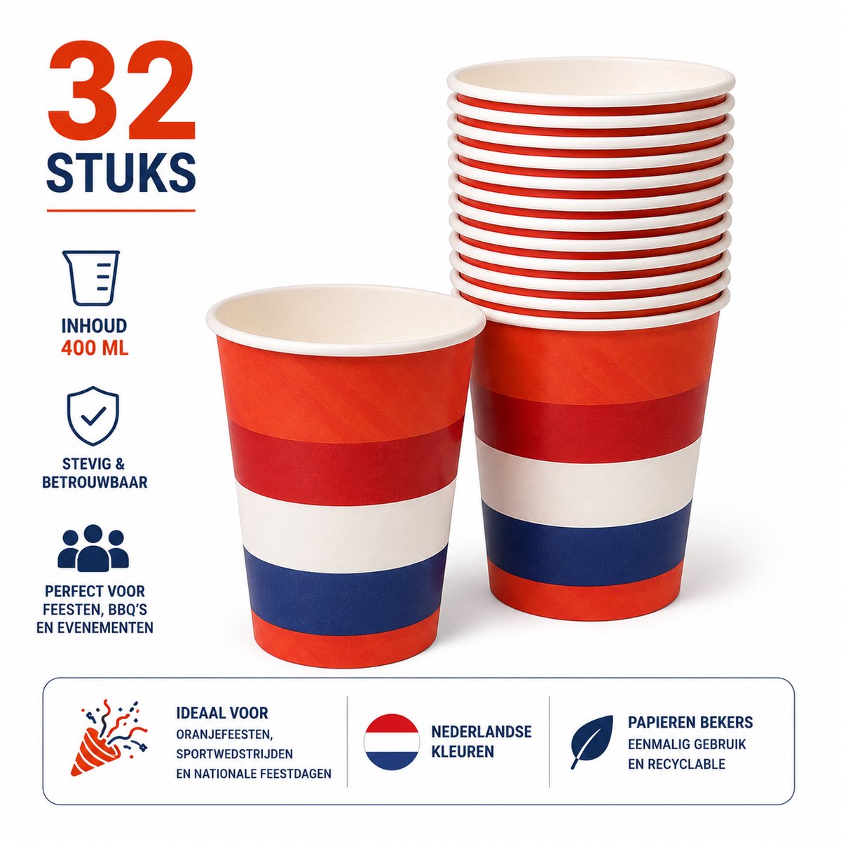 Drinkbekers Nederland 400 ml – 32 Stuks Papieren Bekers Rood Wit Blauw – Wegwerpbekers voor WK Voetbal, EK, Koningsdag en Feesten
