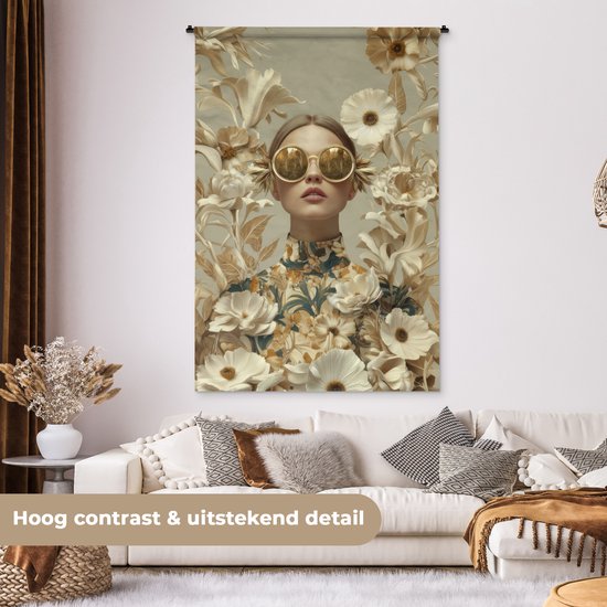 Wandkleed 120x180 cm - Wanddoek Vrouw - Bloemen - Zonnebril - Wit - Wandtapijt - Wandkleden