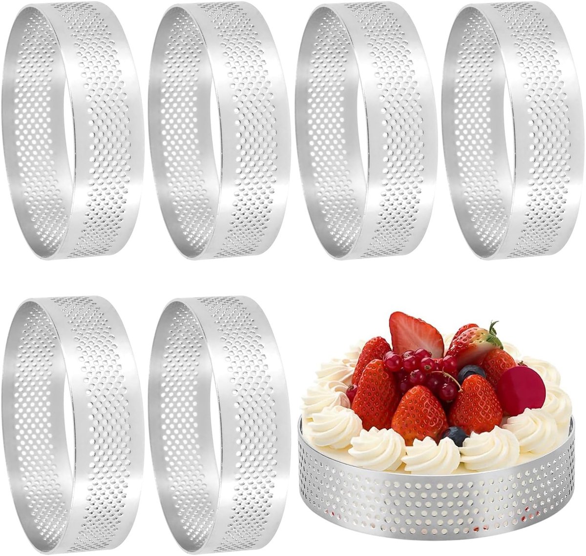 Dailygoods- Taartring 6-delig Ø 8 cm - Geperforeerde Taartvorm - Roestvrij Staal 430 - Voor Minitaartjes/Pizza's - Duurzaam en Slijtvast - Bakring