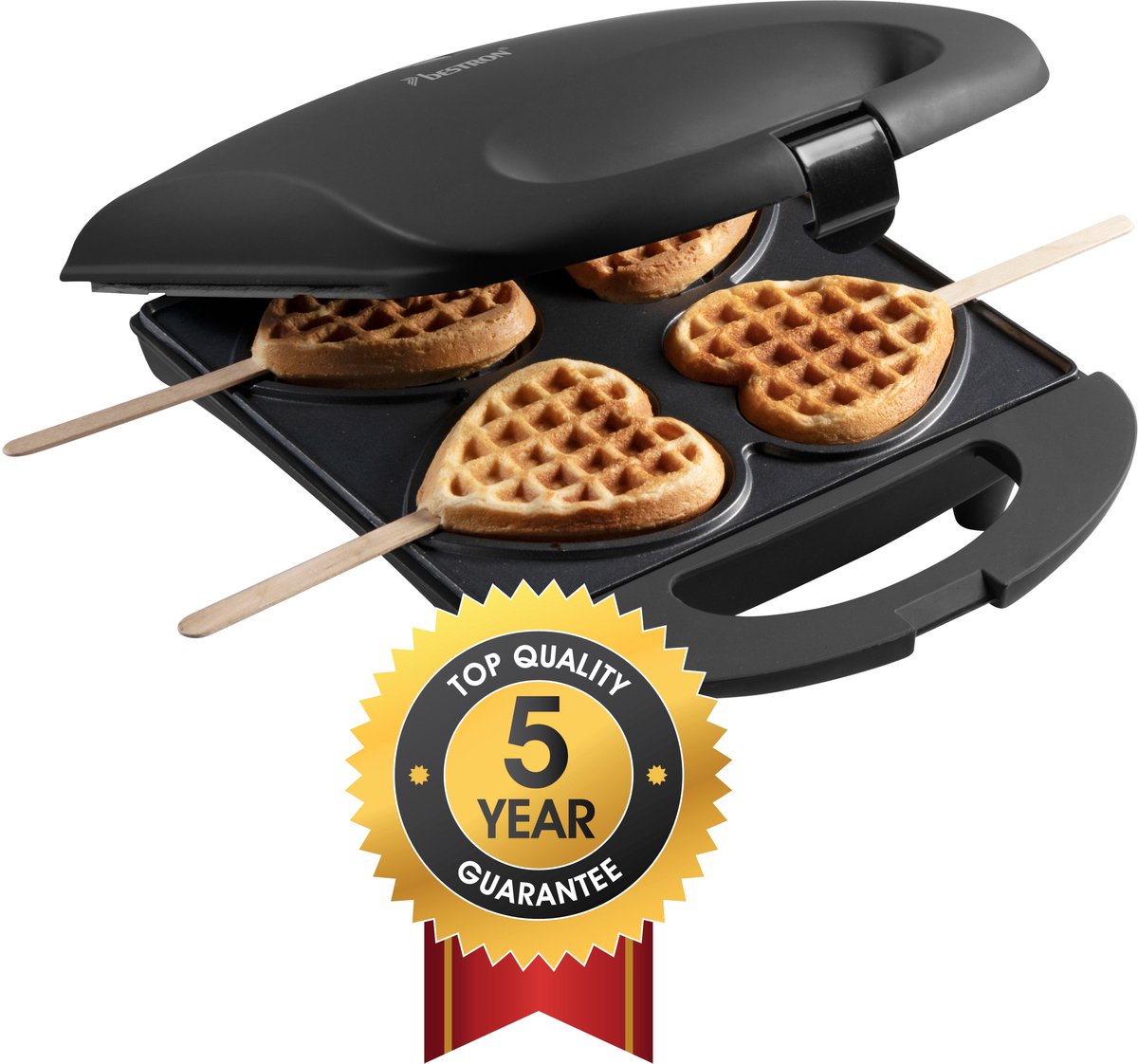 Bol.com Bestron Wafelijzer - DSW271BL - 1400W - 4 mini hartvormige wafels - incl. 20 houten stokjes - Zwart - 5 jaar garantie aanbieding