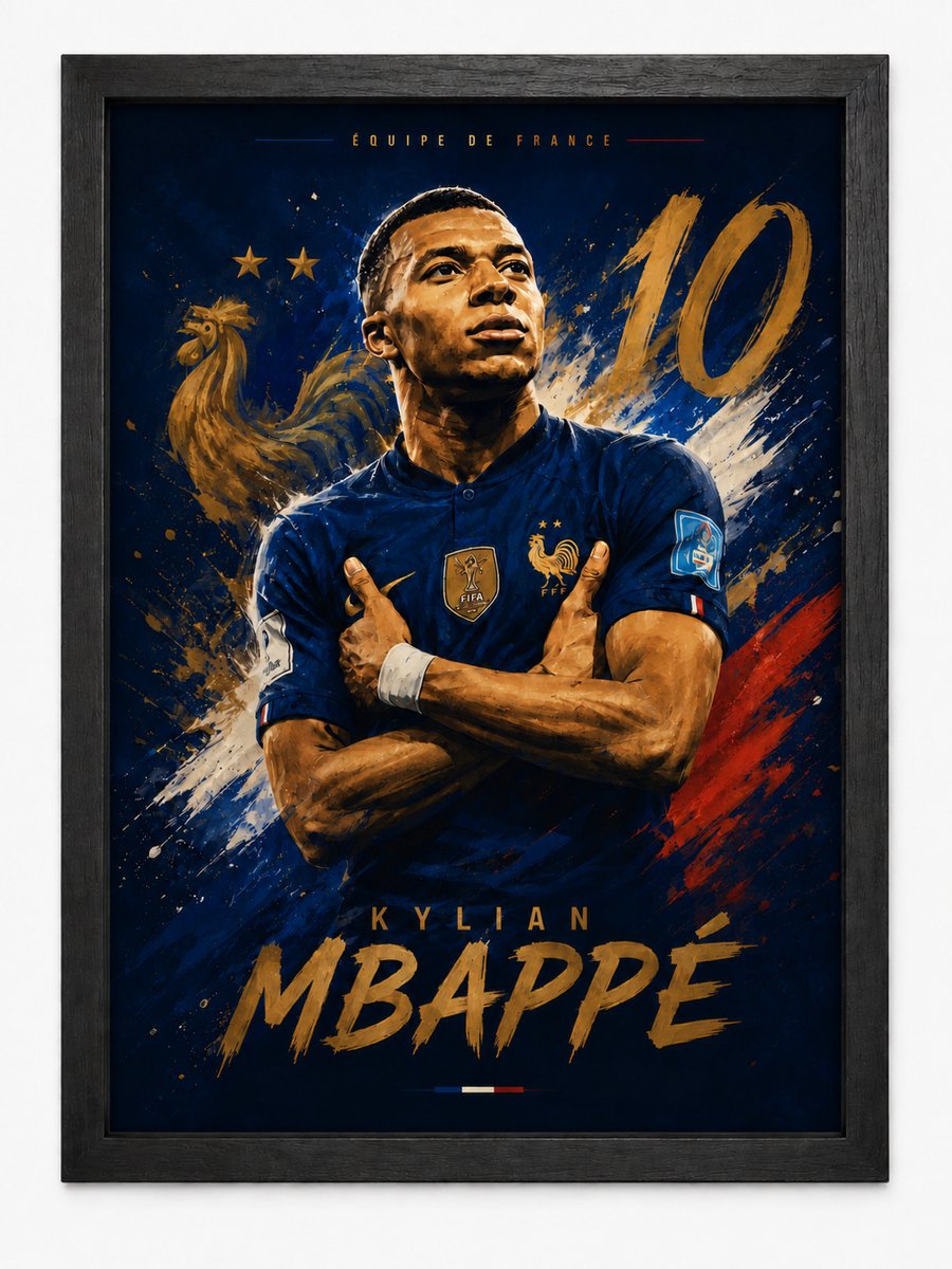 Kylian Mbappé Frankrijk Poster Inclusief Zwarte A4 Lijst | Voetbal Wanddecoratie voor Fans