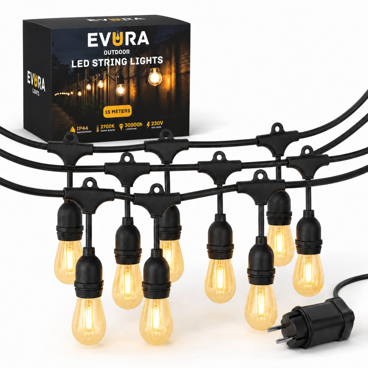 Evura Goods lichtsnoer - 15 meter - 23 LED lampen - warm wit - waterdicht - verlengbaar