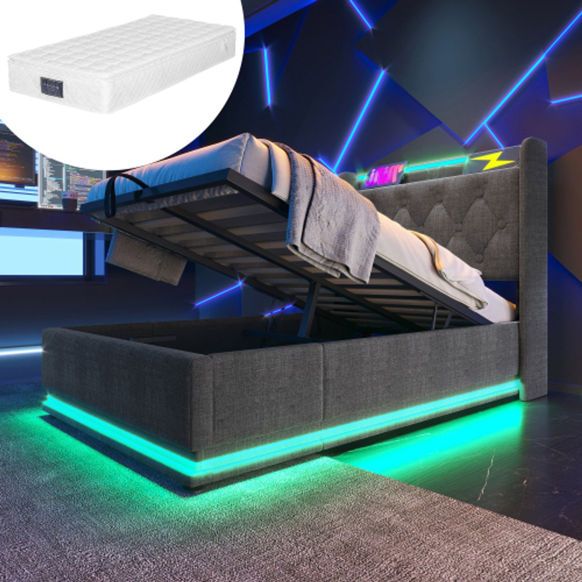 MODFU Eenpersoonsbed 90x200 cm – Grijs gestoffeerd – 360° LED – USB-C – Hydraulische opbergruimte – Met matras