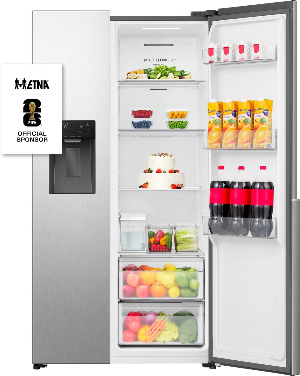 ETNA AKV5178IRVS - Amerikaanse koelkast - No-Frost - 178 cm hoog - 528 liter - Energielabel E - Invriesvermogen 10 kg/24u - Geluidsniveau 40 dB - LED Display - IJs- en waterdispenser - SuperCool - FastFreeze - Deuralarm - Multi Airflow – EnergySaving — afbeelding 1