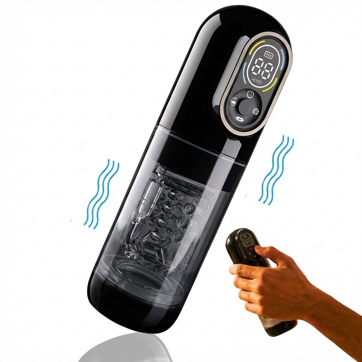 Toys Hub® Automatische Masturbator MAX met Strap - E-book – LED scherm – Water Massage - Pocket Pussy - Blowjob Simulator - Elektrisch - Sex Toys voor Mannen Zelf Aftrekken - Zwart