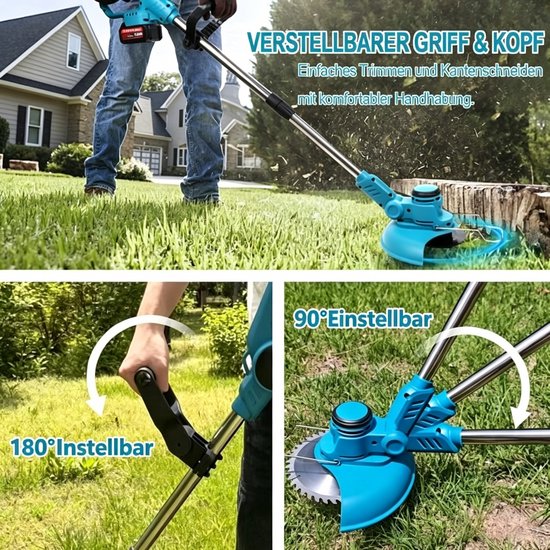 Turquoise grastrimmer met verstelbare grip en kop (180° & 90° instelbaar) voor comfortabel trimmen.