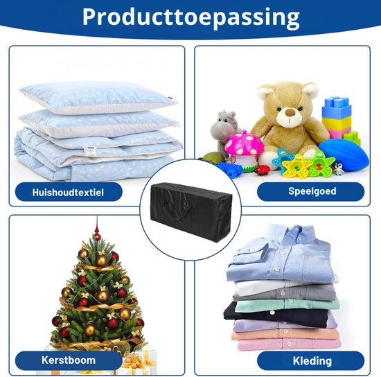 Toepassingen van de opbergtas: huishoudtextiel, speelgoed, kerstboom en kleding.