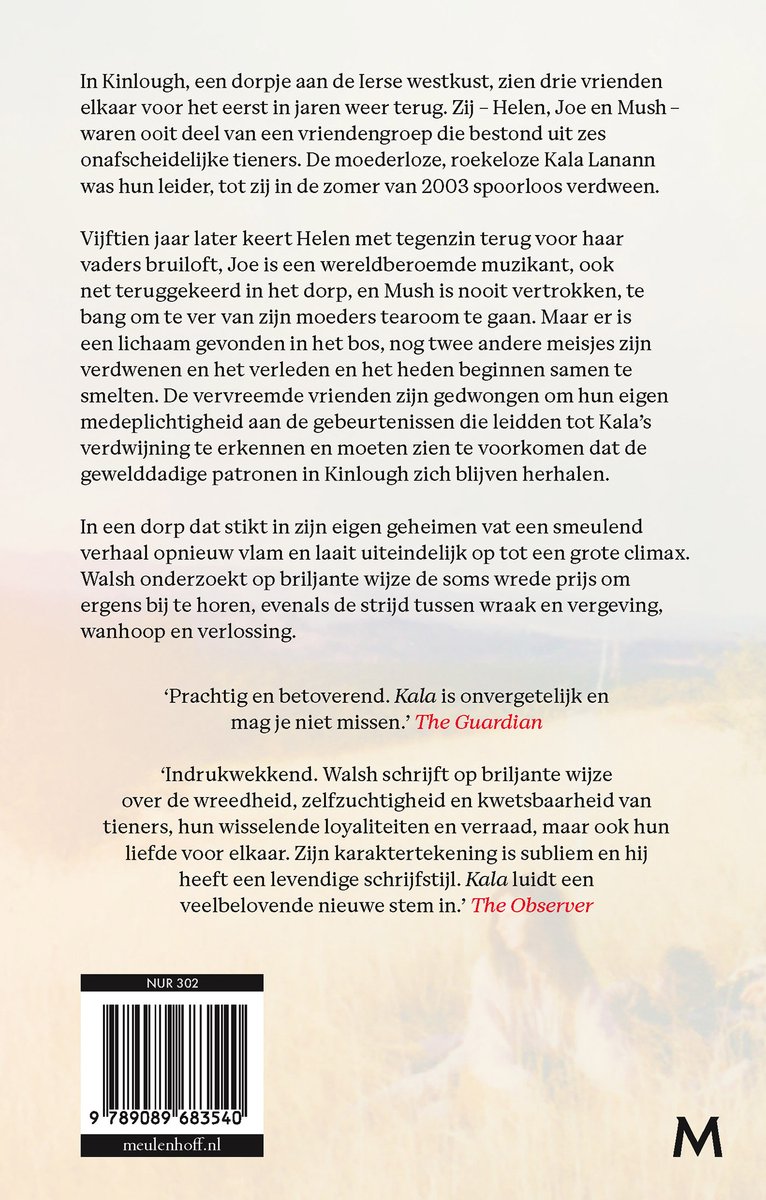 Achterkant van het boek "Kala" van Colin Walsh met tekst en een streepjescode.