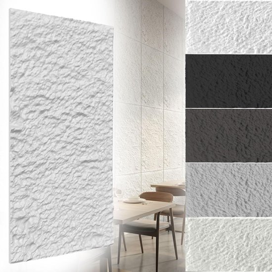 Textuur witte wandpanelen in restaurant, met close-ups van wit, zwart, grijs en twee tinten wit.
