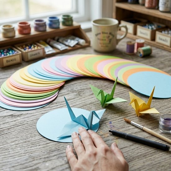 Hand die een blauwe papieren kraanvogel maakt uit pastelkleurige ronde vellen papier, met stiften, kwasten en potloden.