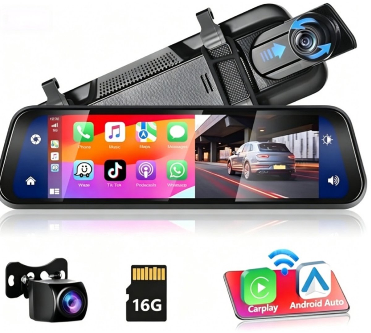 HD-dashcam in achteruitkijkspiegel - met draadloze Apple CarPlay- en Android Auto-functionaliteit - 9,66 inch - 1080p - IPS-touchscreen - dual-screen dashcam - Bluetooth + AHD-achteruitrijcamera - wifi - inclusief 16 GB SD-kaart