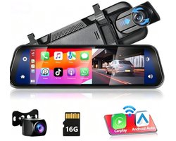 HD-dashcam in achteruitkijkspiegel - met draadloze Apple CarPlay- en Android Auto-functionaliteit - 9,66 inch - 1080p - IPS-touchscreen - dual-screen dashcam - Bluetooth + AHD-achteruitrijcamera - wifi - inclusief 16 GB SD-kaart