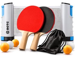 BOTC Tafeltennis Set - 2 Tafeltennisbatjes - 6 Pingpongballen - 1 Tafeltennisnet Uitschuifbaar - Grijs