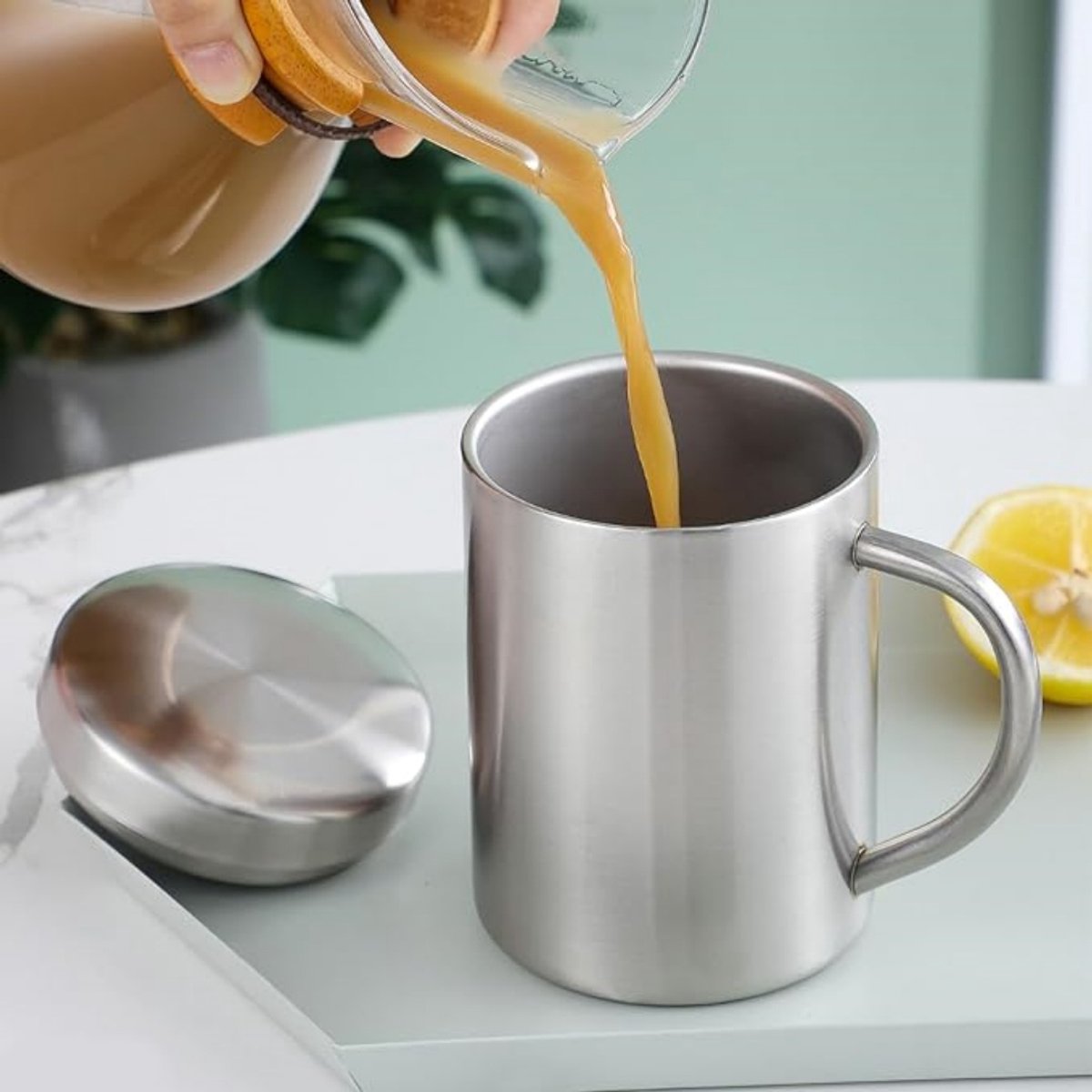 Roestvrijstalen beker / mok — Roestvrijstalen drinkbeker voor thuisgebruik — Dubbelwandig & onbreekbaar — Melkbeker — Koffiebeker met deksel — Geïsoleerde koffie-/theemok met deksel en handvat — Ideaal voor op de camping en dagelijks gebruik — cadeau in Cadeau-ideeën - foto 5