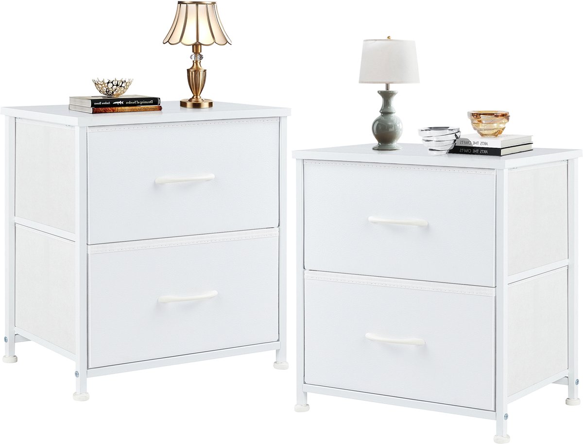 2-Delige Nachtkastjes Set met 2 Lades – Stoffen Bekleding & Metalen Frame – Bedside Tafels 45×30×50 cm – Wit Modern Design – Set van 2
